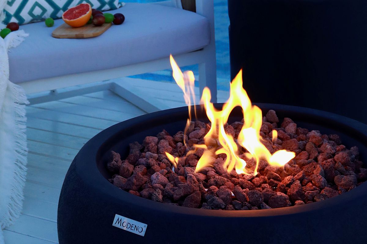 Flame and lava stones in the YORK fire bowl up close