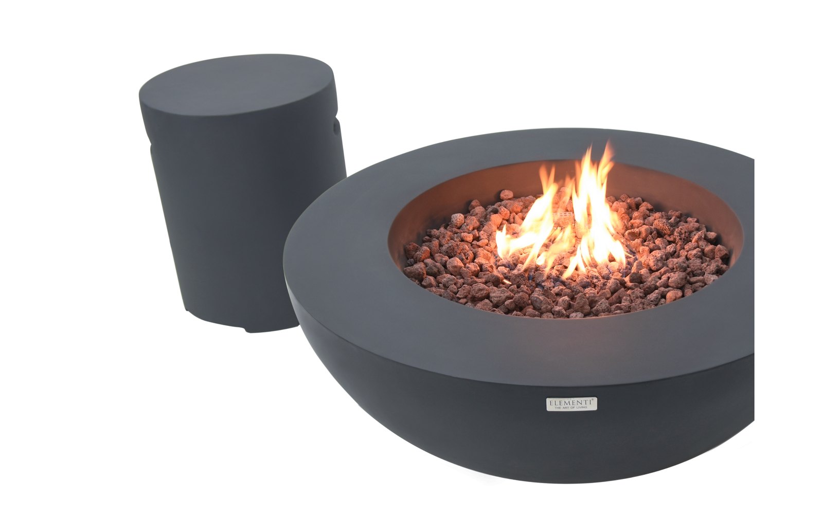 Round Dark Grey bottle cover next to the LUNAR BOWL fire pit