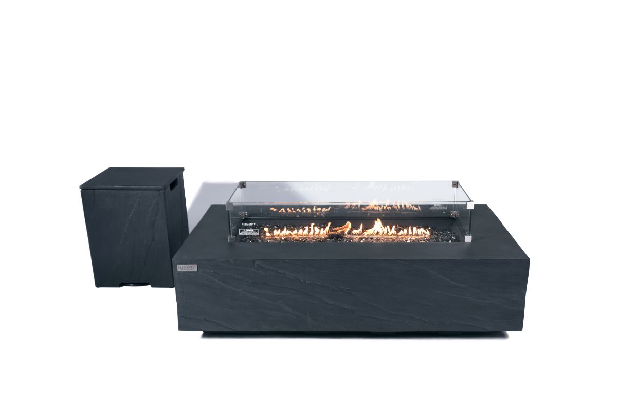Rectangular glass guard on a dark fire pit