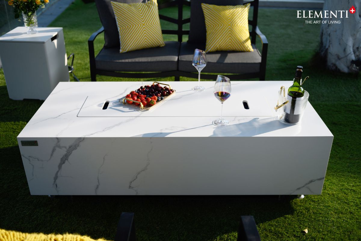 CARRARA table with the fire pit lid on