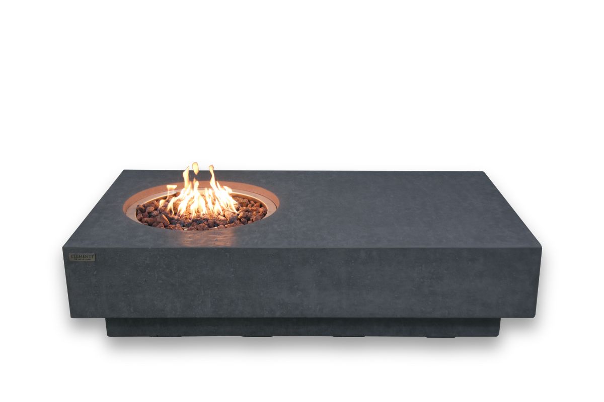 METROPOLIS Dark Grey table with a lit fire pit, side view
