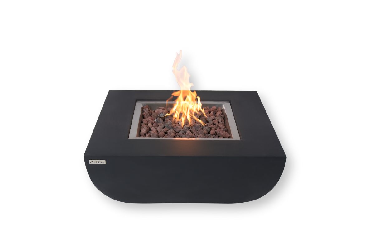 AURORA table with a lit fire pit